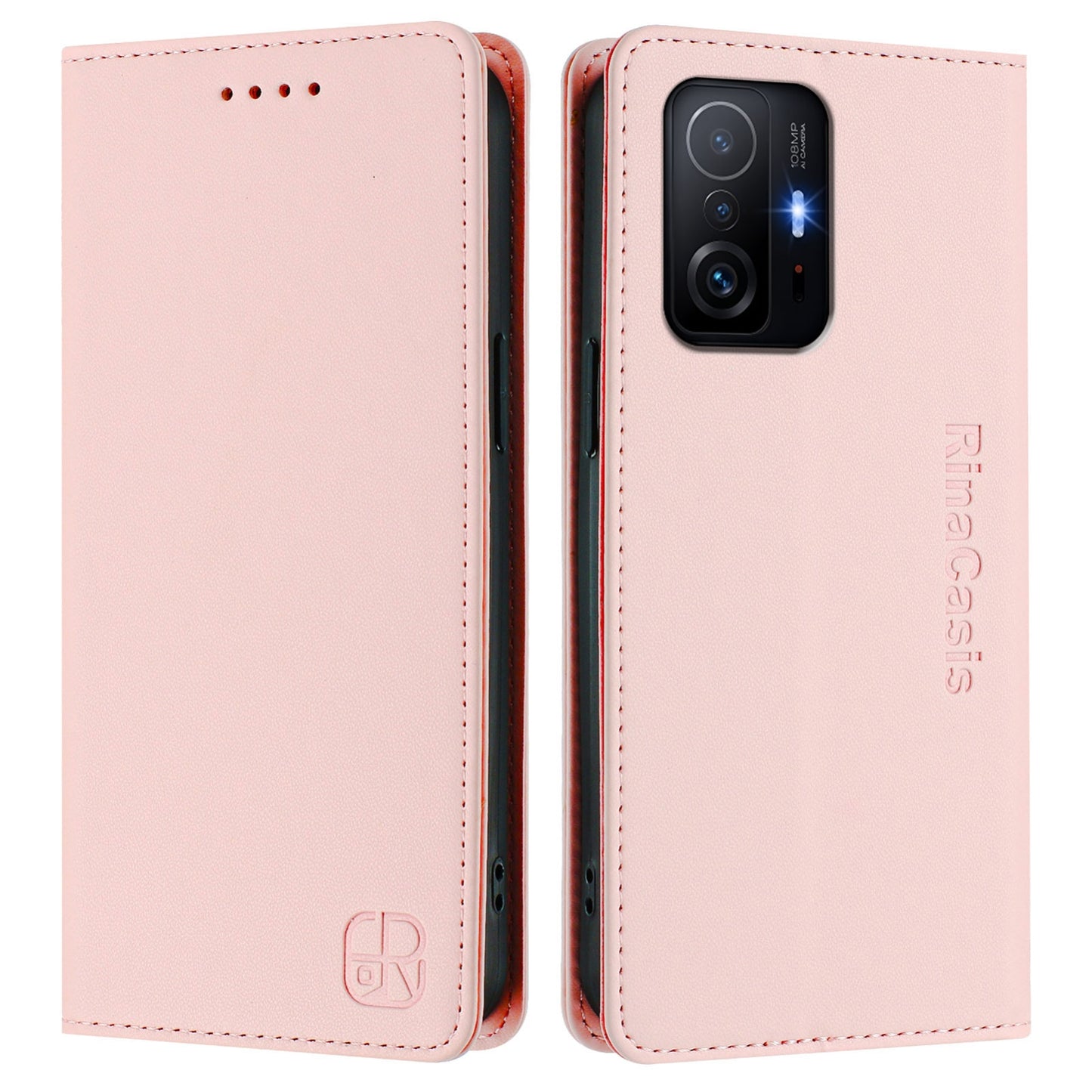 Xiaomi 11T Dual-Folded Magnetic Suction RFID Blocking PU Leather Wallet Phone Case with Card Slots, Cash Pocket, Kickstand, Full Protective Flip Cover