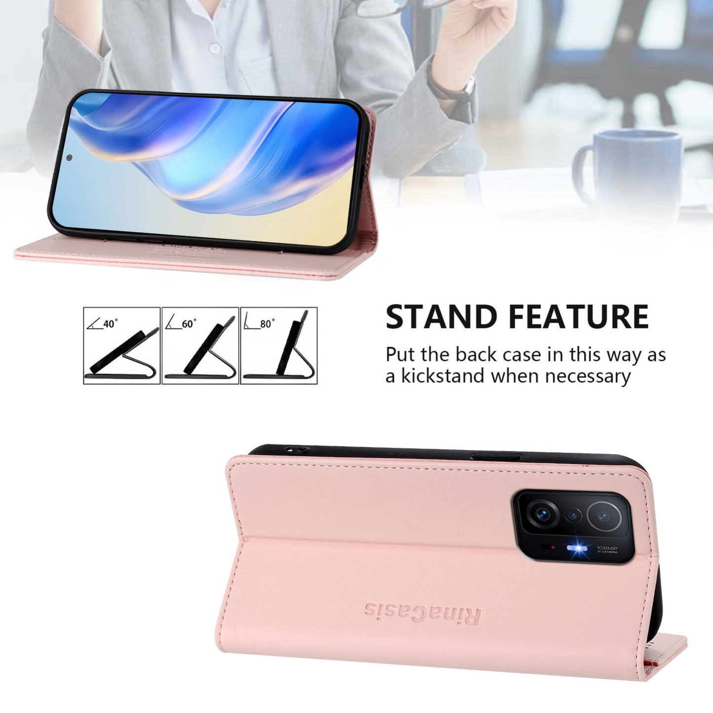 Xiaomi 11T Dual-Folded Magnetic Suction RFID Blocking PU Leather Wallet Phone Case with Card Slots, Cash Pocket, Kickstand, Full Protective Flip Cover