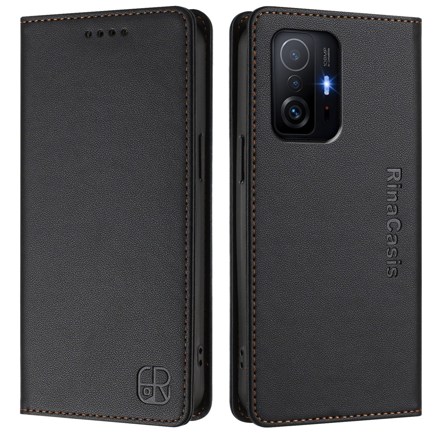 Xiaomi 11T Dual-Folded Magnetic Suction RFID Blocking PU Leather Wallet Phone Case with Card Slots, Cash Pocket, Kickstand, Full Protective Flip Cover