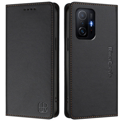 Xiaomi 11T Pro Dual-Folded Magnetic Suction RFID Blocking PU Leather Wallet Phone Case with Card Slots, Cash Pocket, Kickstand, Full Protective Flip Cover