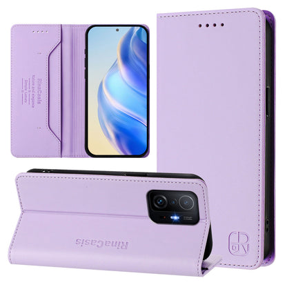 Xiaomi 11T Dual-Folded Magnetic Suction RFID Blocking PU Leather Wallet Phone Case with Card Slots, Cash Pocket, Kickstand, Full Protective Flip Cover