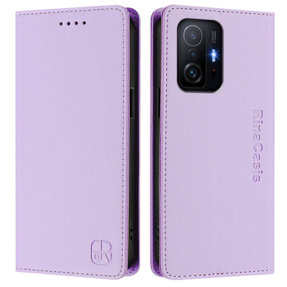 Xiaomi 11T Pro Dual-Folded Magnetic Suction RFID Blocking PU Leather Wallet Phone Case with Card Slots, Cash Pocket, Kickstand, Full Protective Flip Cover