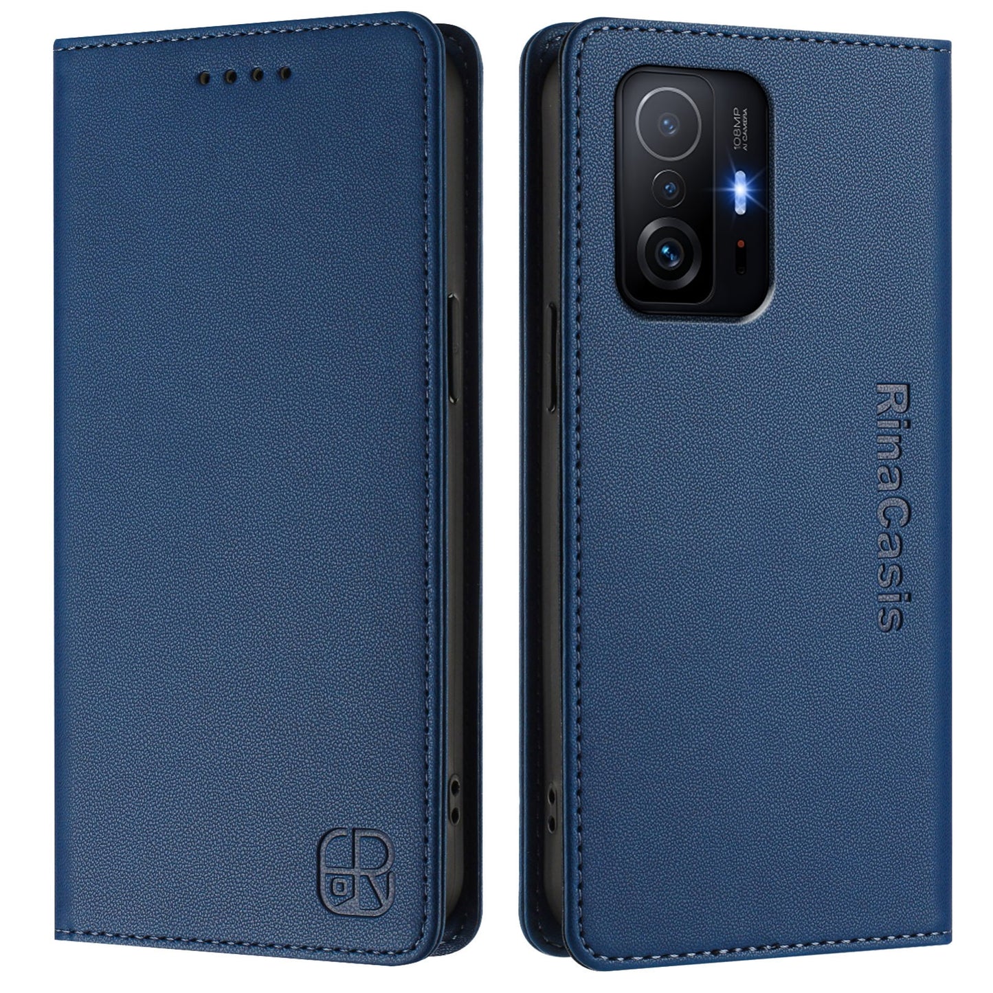 Xiaomi 11T Dual-Folded Magnetic Suction RFID Blocking PU Leather Wallet Phone Case with Card Slots, Cash Pocket, Kickstand, Full Protective Flip Cover