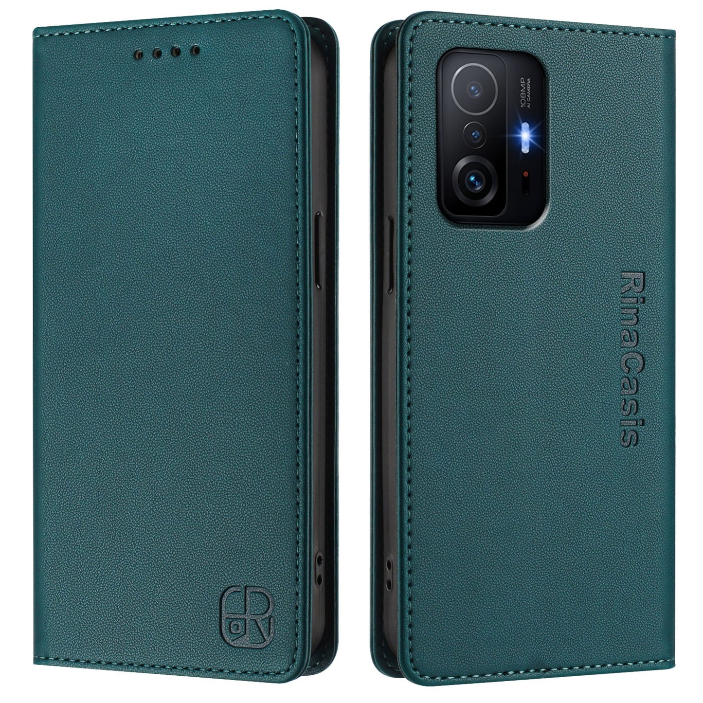 Xiaomi 11T Dual-Folded Magnetic Suction RFID Blocking PU Leather Wallet Phone Case with Card Slots, Cash Pocket, Kickstand, Full Protective Flip Cover