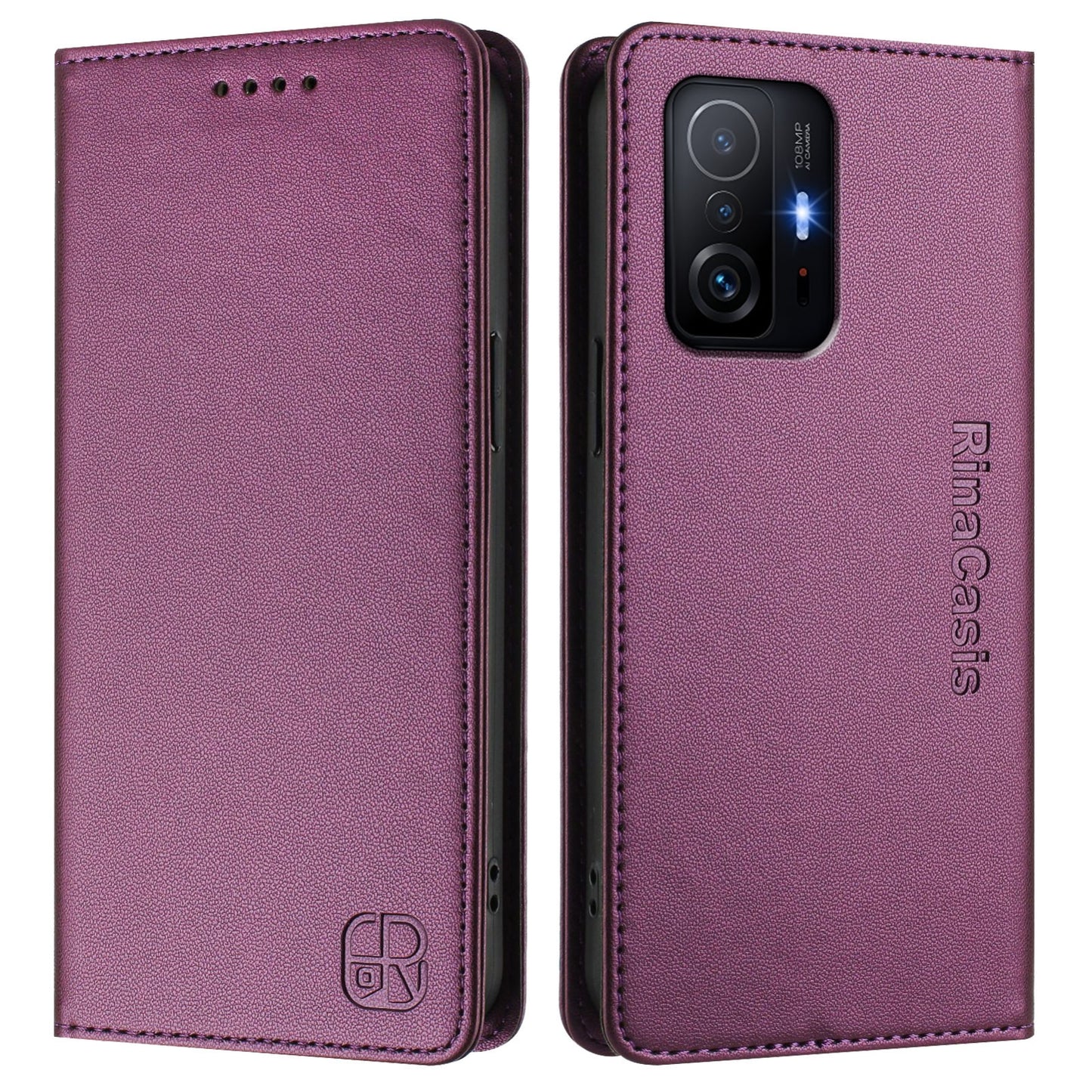 Xiaomi 11T Dual-Folded Magnetic Suction RFID Blocking PU Leather Wallet Phone Case with Card Slots, Cash Pocket, Kickstand, Full Protective Flip Cover
