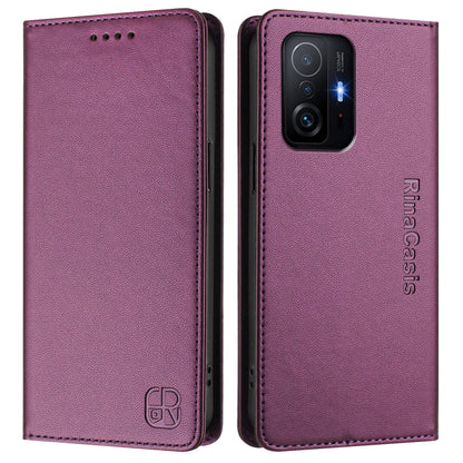 Xiaomi 11T Dual-Folded Magnetic Suction RFID Blocking PU Leather Wallet Phone Case with Card Slots, Cash Pocket, Kickstand, Full Protective Flip Cover