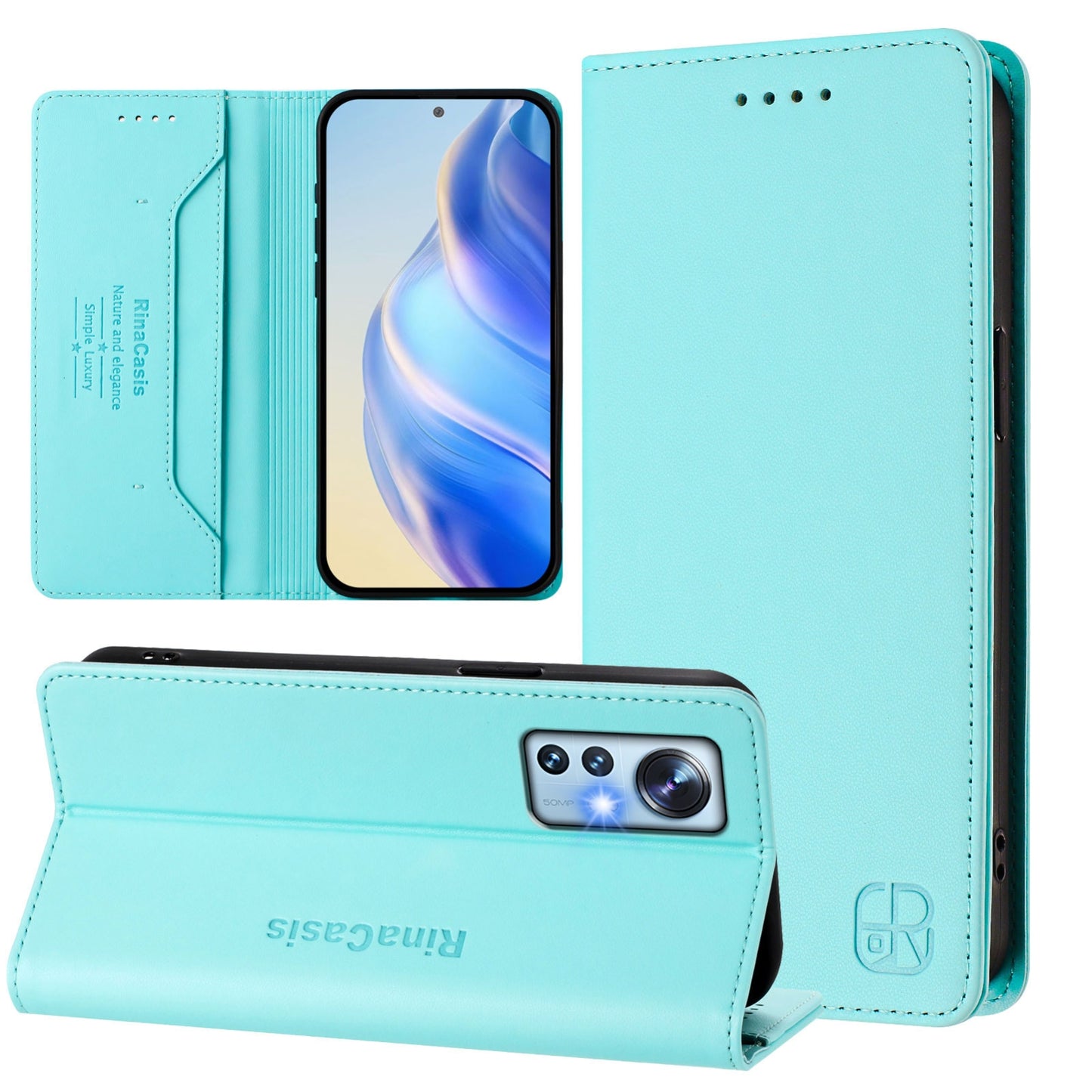 Xiaomi 12 5G Dual-Folded Magnetic Suction RFID Blocking PU Leather Wallet Phone Case with Card Slots, Cash Pocket, Kickstand, Full Protective Flip Cover