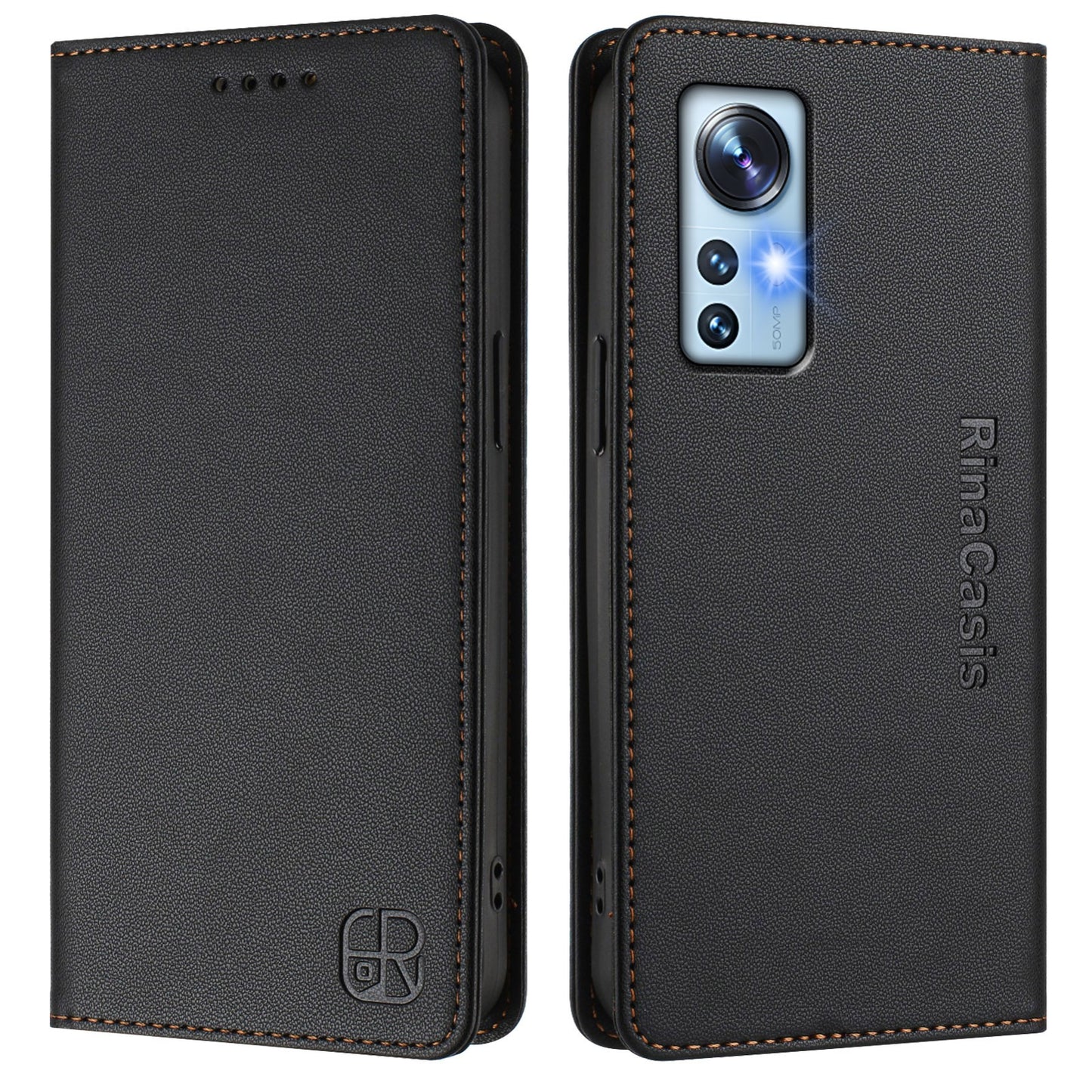 Xiaomi 12 5G Dual-Folded Magnetic Suction RFID Blocking PU Leather Wallet Phone Case with Card Slots, Cash Pocket, Kickstand, Full Protective Flip Cover
