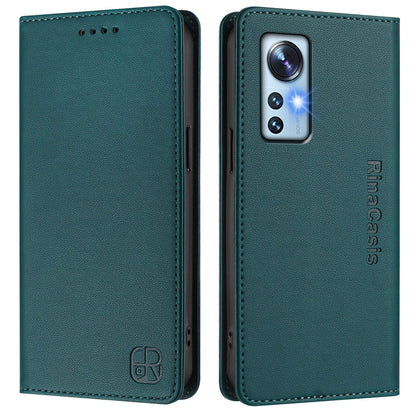 Xiaomi 12 5G Dual-Folded Magnetic Suction RFID Blocking PU Leather Wallet Phone Case with Card Slots, Cash Pocket, Kickstand, Full Protective Flip Cover