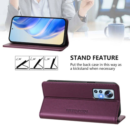 Xiaomi 12S 5G Dual-Folded Magnetic Suction RFID Blocking PU Leather Wallet Phone Case with Card Slots, Cash Pocket, Kickstand, Full Protective Flip Cover