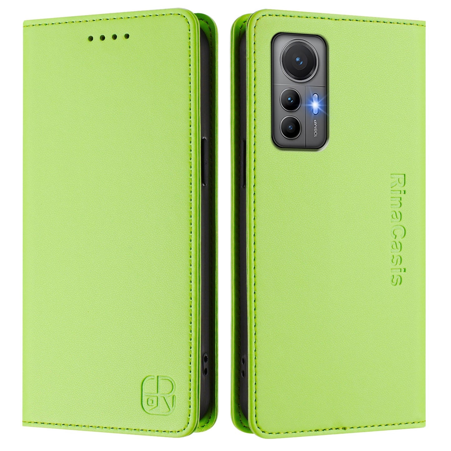 Xiaomi 12 Lite Dual-Folded Magnetic Suction RFID Blocking PU Leather Wallet Phone Case with Card Slots, Cash Pocket, Kickstand, Full Protective Flip Cover
