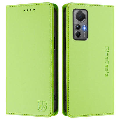 Xiaomi 12 Lite Dual-Folded Magnetic Suction RFID Blocking PU Leather Wallet Phone Case with Card Slots, Cash Pocket, Kickstand, Full Protective Flip Cover