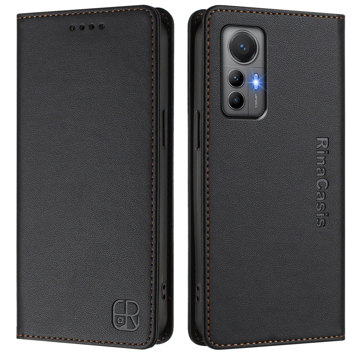 Xiaomi 12 Lite Dual-Folded Magnetic Suction RFID Blocking PU Leather Wallet Phone Case with Card Slots, Cash Pocket, Kickstand, Full Protective Flip Cover