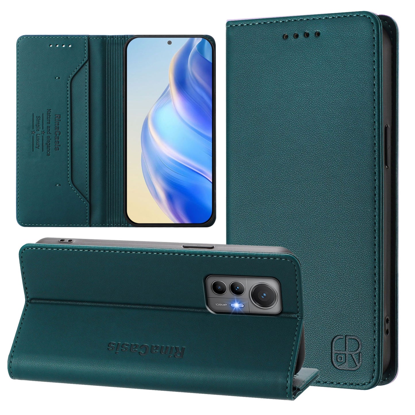 Xiaomi 12 Lite Dual-Folded Magnetic Suction RFID Blocking PU Leather Wallet Phone Case with Card Slots, Cash Pocket, Kickstand, Full Protective Flip Cover