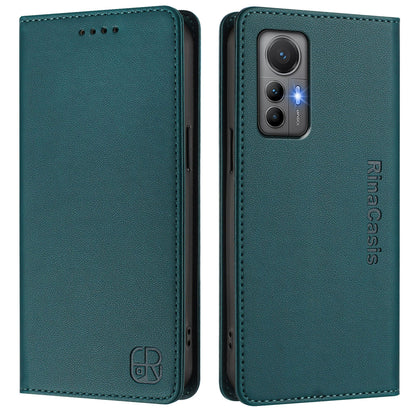 Xiaomi 12 Lite Dual-Folded Magnetic Suction RFID Blocking PU Leather Wallet Phone Case with Card Slots, Cash Pocket, Kickstand, Full Protective Flip Cover