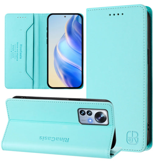Xiaomi 12 Pro Dual-Folded Magnetic Suction RFID Blocking PU Leather Wallet Phone Case with Card Slots, Cash Pocket, Kickstand, Full Protective Flip Cover