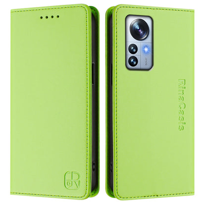 Xiaomi 12 Pro Dual-Folded Magnetic Suction RFID Blocking PU Leather Wallet Phone Case with Card Slots, Cash Pocket, Kickstand, Full Protective Flip Cover