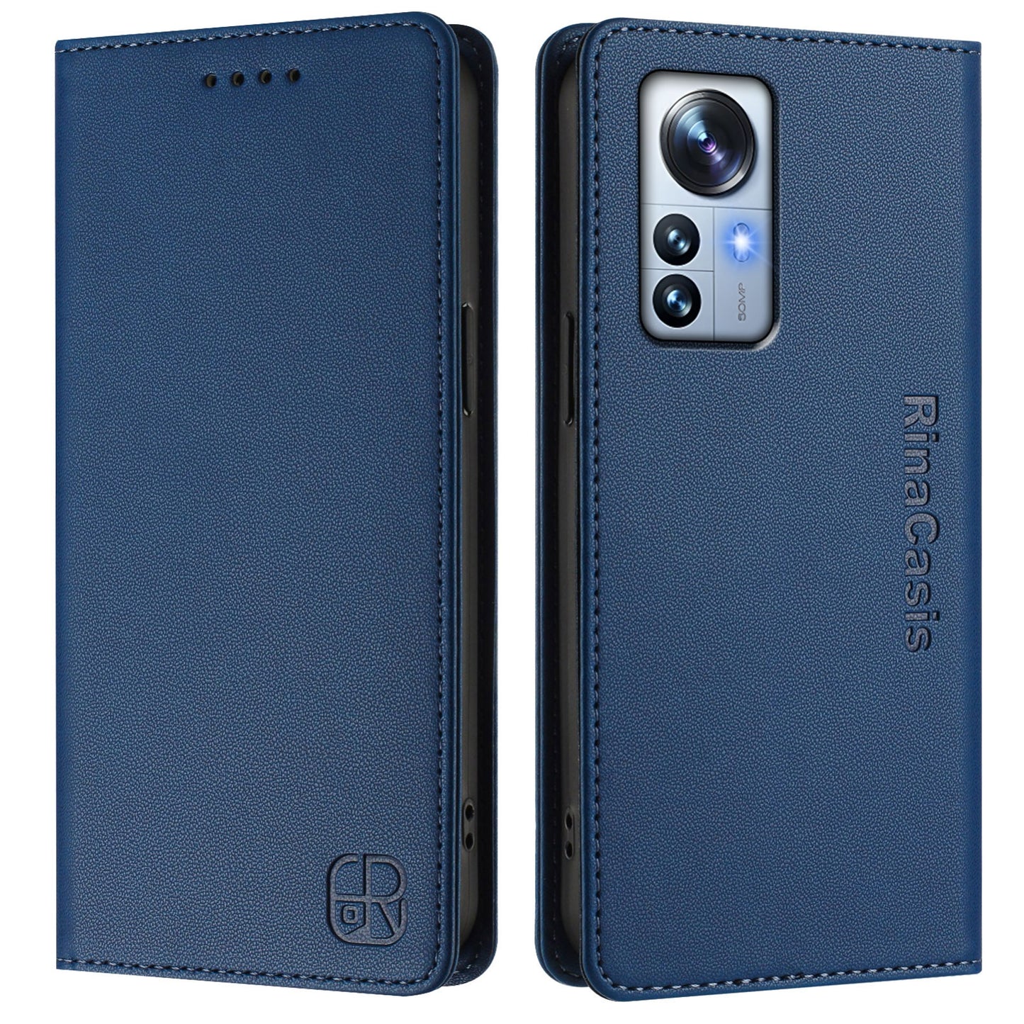 Xiaomi 12 Pro Dual-Folded Magnetic Suction RFID Blocking PU Leather Wallet Phone Case with Card Slots, Cash Pocket, Kickstand, Full Protective Flip Cover