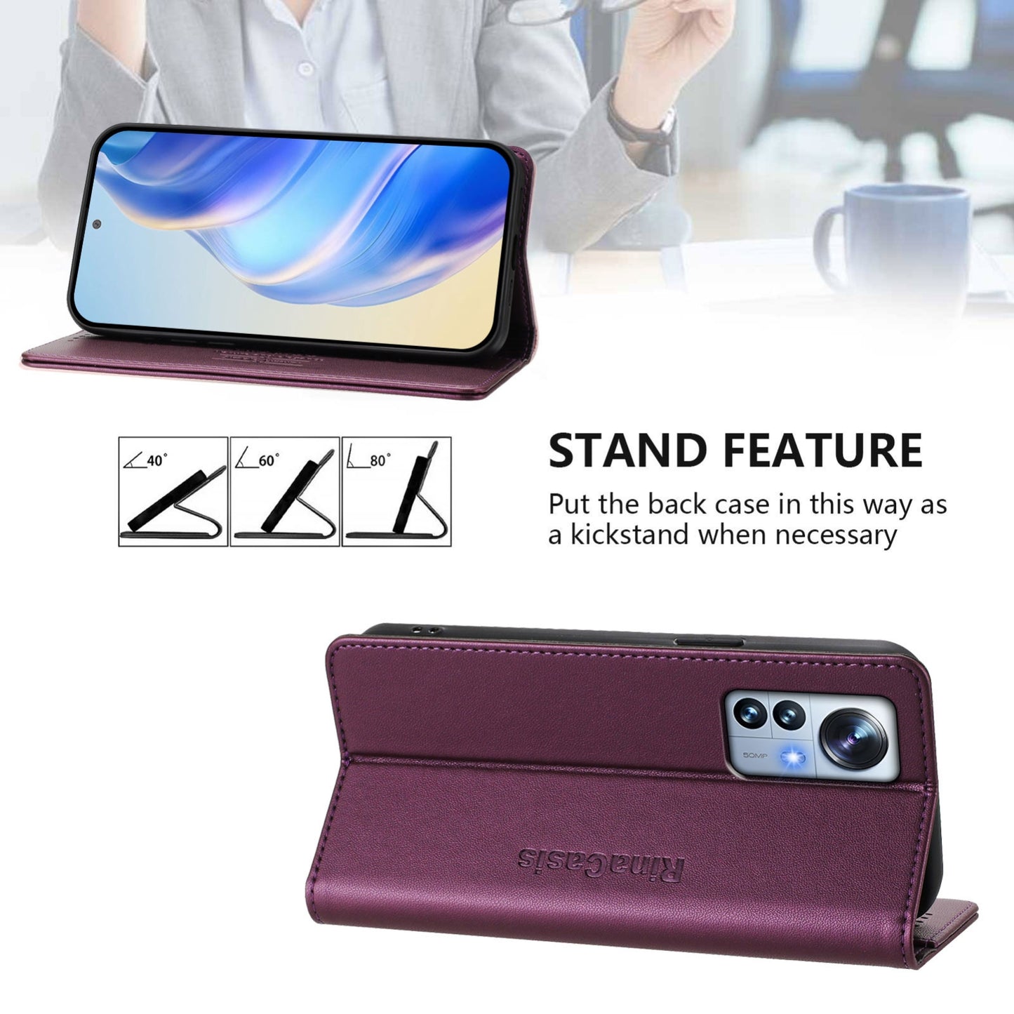 Xiaomi 12 Pro Dual-Folded Magnetic Suction RFID Blocking PU Leather Wallet Phone Case with Card Slots, Cash Pocket, Kickstand, Full Protective Flip Cover