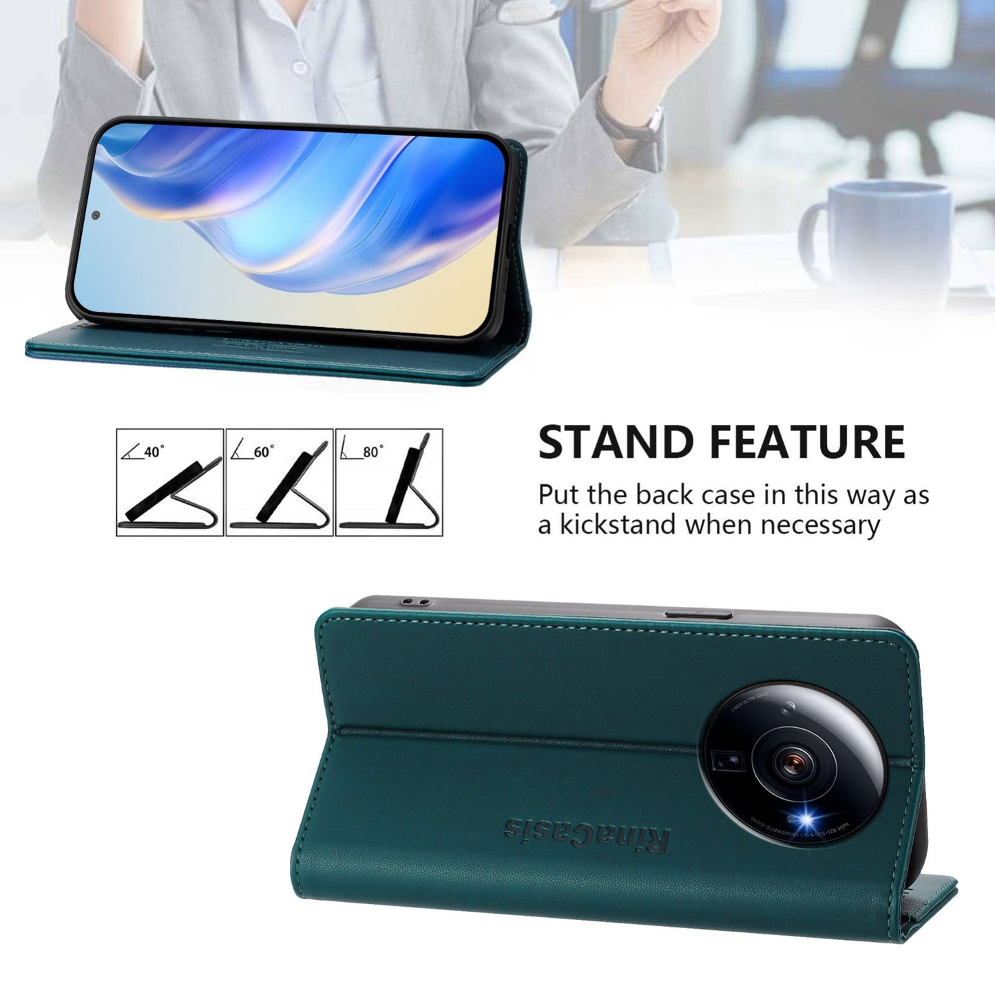 Xiaomi 12S Ultra Dual-Folded Magnetic Suction RFID Blocking PU Leather Wallet Phone Case with Card Slots, Cash Pocket, Kickstand, Full Protective Flip Cover