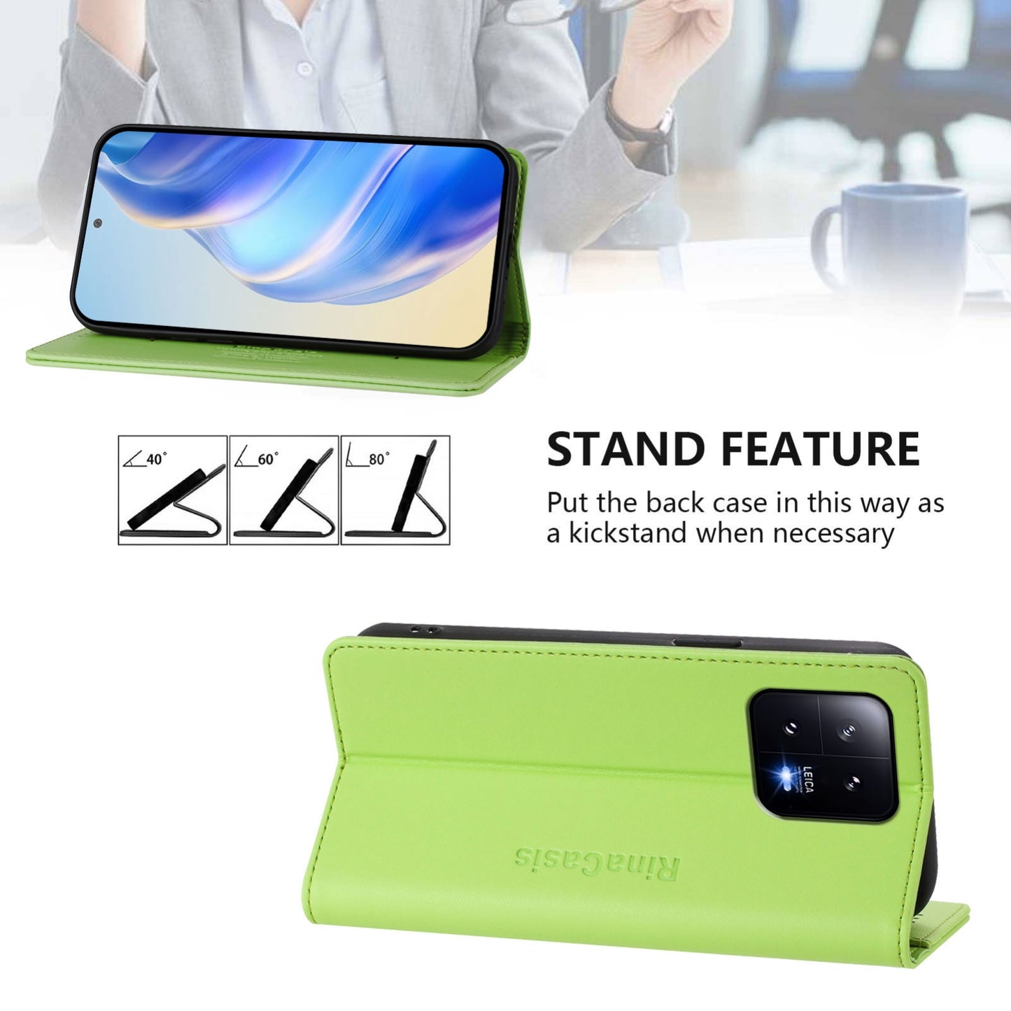 Xiaomi 13 5G Dual-Folded Magnetic Suction RFID Blocking PU Leather Wallet Phone Case with Card Slots, Cash Pocket, Kickstand, Full Protective Flip Cover