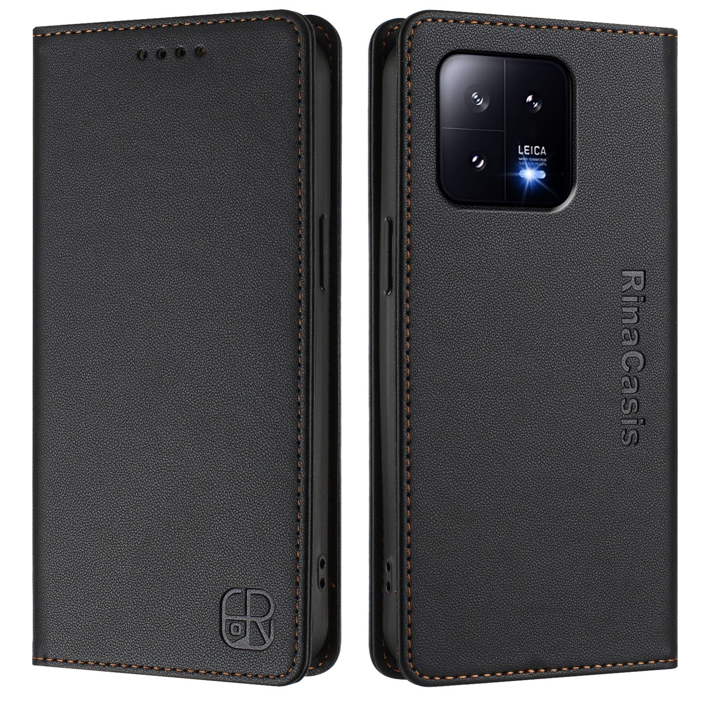 Xiaomi 13 5G Dual-Folded Magnetic Suction RFID Blocking PU Leather Wallet Phone Case with Card Slots, Cash Pocket, Kickstand, Full Protective Flip Cover