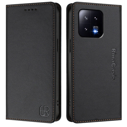 Xiaomi 13 5G Dual-Folded Magnetic Suction RFID Blocking PU Leather Wallet Phone Case with Card Slots, Cash Pocket, Kickstand, Full Protective Flip Cover