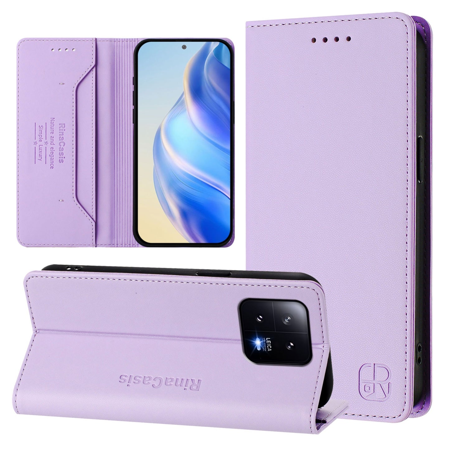Xiaomi 13 5G Dual-Folded Magnetic Suction RFID Blocking PU Leather Wallet Phone Case with Card Slots, Cash Pocket, Kickstand, Full Protective Flip Cover