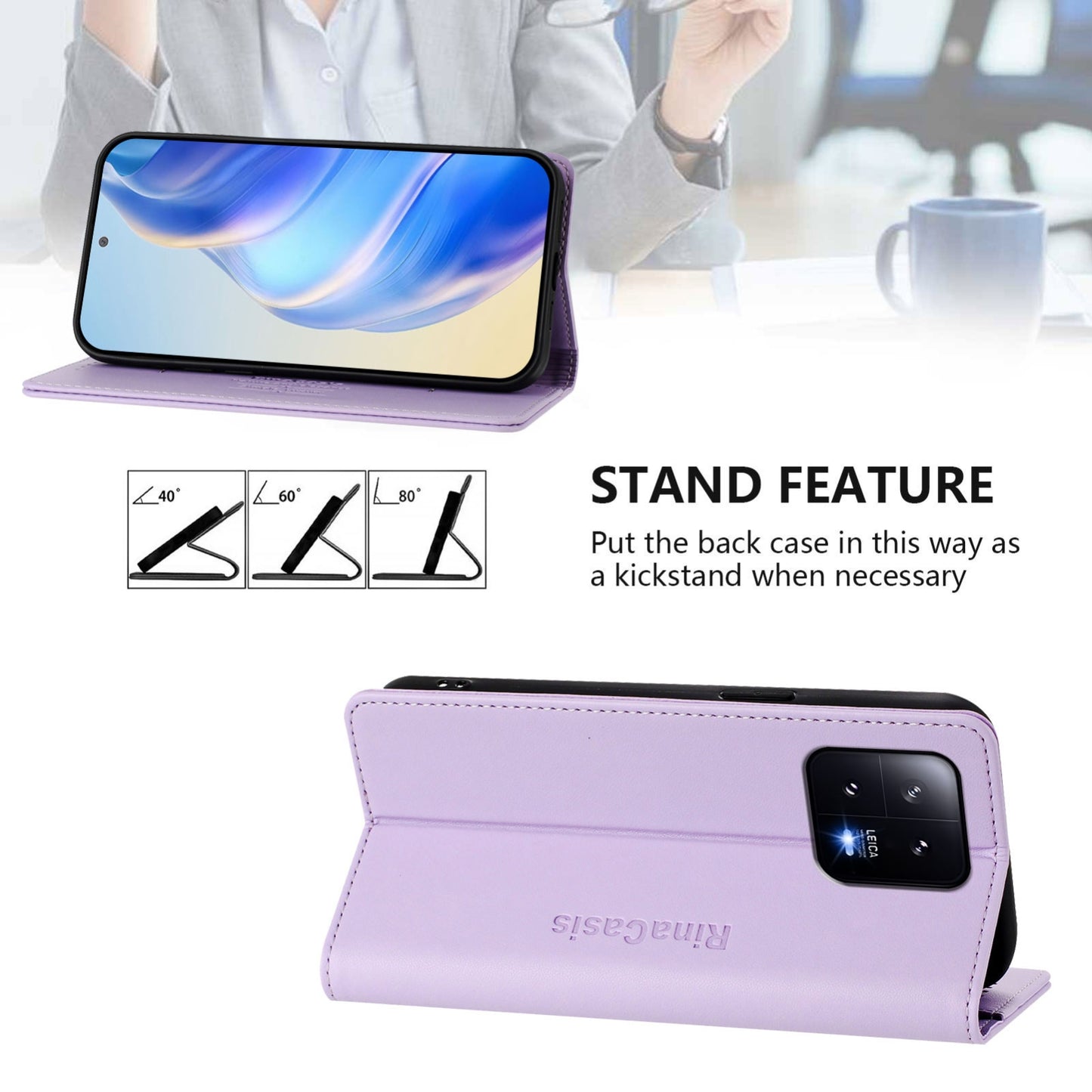 Xiaomi 13 5G Dual-Folded Magnetic Suction RFID Blocking PU Leather Wallet Phone Case with Card Slots, Cash Pocket, Kickstand, Full Protective Flip Cover