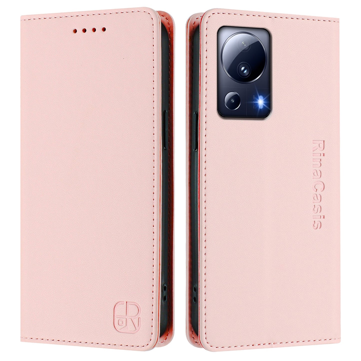 Xiaomi 13 Lite 5G Dual-Folded Magnetic Suction RFID Blocking PU Leather Wallet Phone Case with Card Slots, Cash Pocket, Kickstand, Full Protective Flip Cover