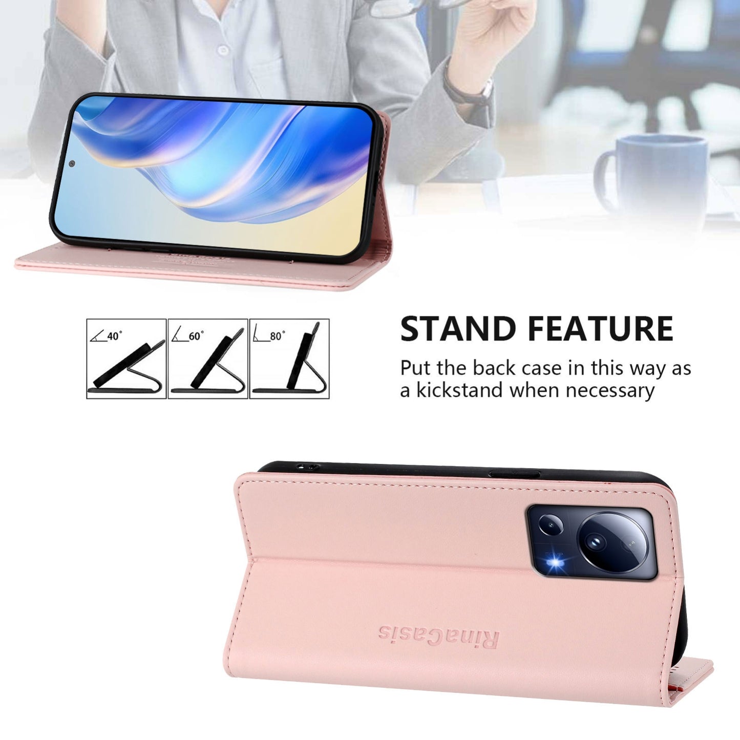 Xiaomi 13 Lite 5G Dual-Folded Magnetic Suction RFID Blocking PU Leather Wallet Phone Case with Card Slots, Cash Pocket, Kickstand, Full Protective Flip Cover
