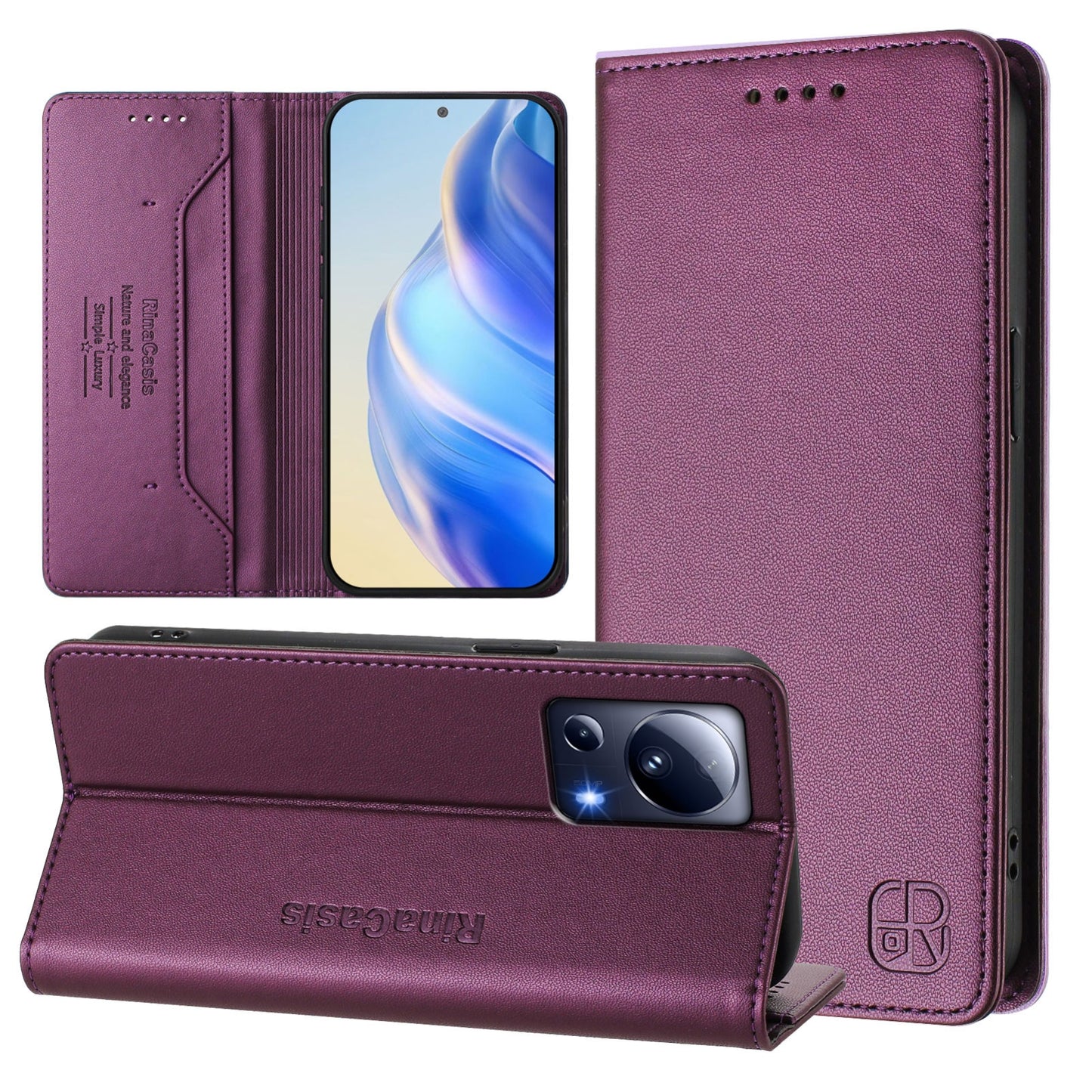 Xiaomi 13 Lite 5G Dual-Folded Magnetic Suction RFID Blocking PU Leather Wallet Phone Case with Card Slots, Cash Pocket, Kickstand, Full Protective Flip Cover