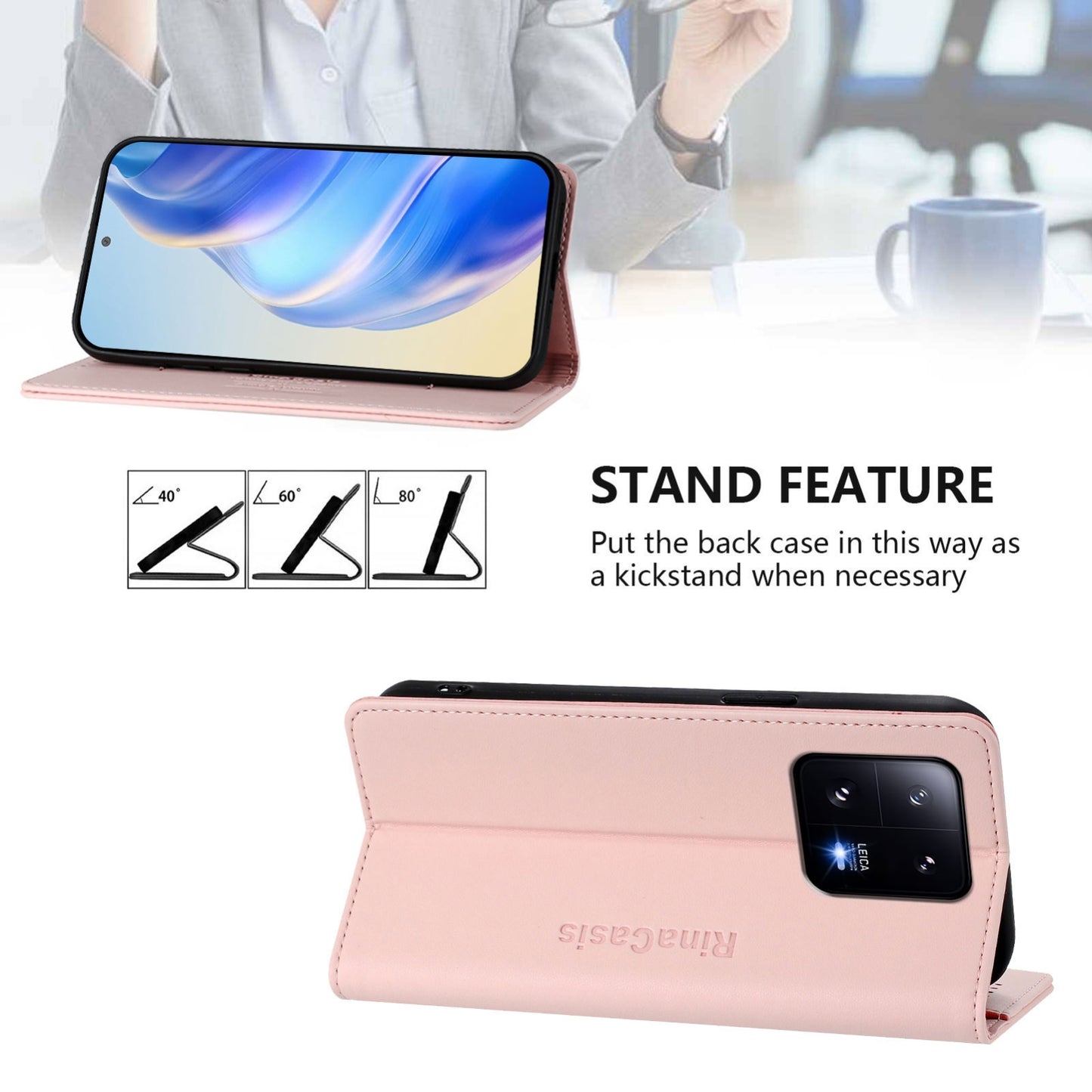 Xiaomi 13 Pro 5G Dual-Folded Magnetic Suction RFID Blocking PU Leather Wallet Phone Case with Card Slots, Cash Pocket, Kickstand, Full Protective Flip Cover