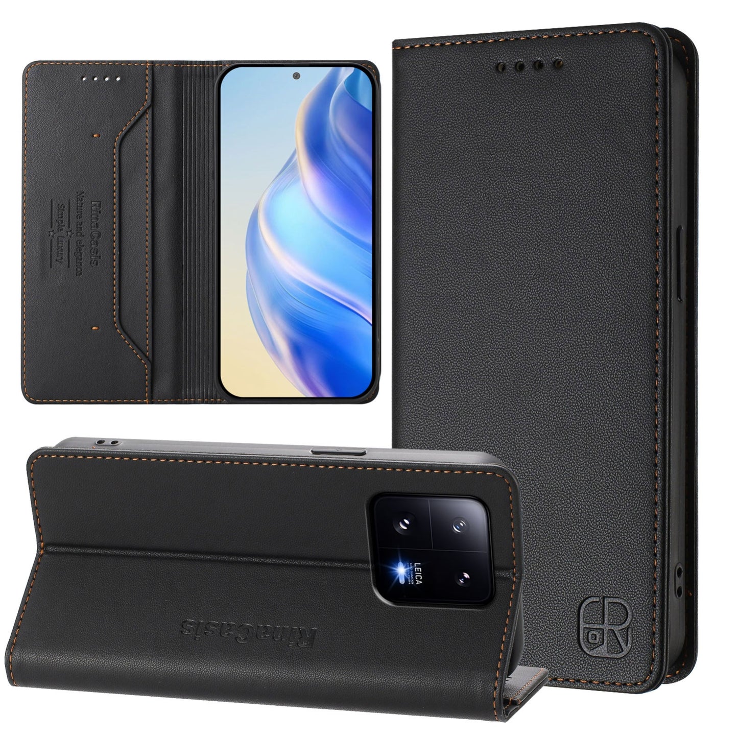 Xiaomi 13 Pro 5G Dual-Folded Magnetic Suction RFID Blocking PU Leather Wallet Phone Case with Card Slots, Cash Pocket, Kickstand, Full Protective Flip Cover