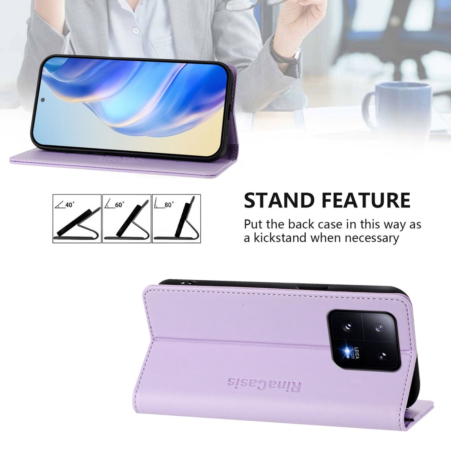 Xiaomi 13 Pro 5G Dual-Folded Magnetic Suction RFID Blocking PU Leather Wallet Phone Case with Card Slots, Cash Pocket, Kickstand, Full Protective Flip Cover