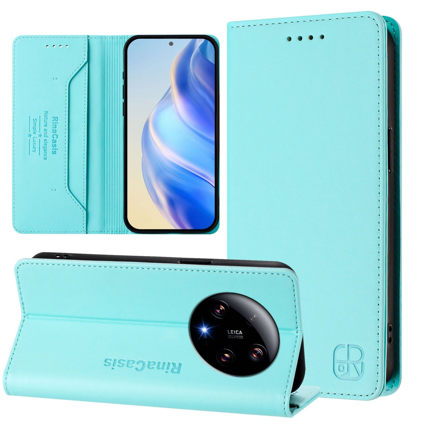 Xiaomi 13 Ultra Dual-Folded Magnetic Suction RFID Blocking PU Leather Wallet Phone Case with Card Slots, Cash Pocket, Kickstand, Full Protective Flip Cover
