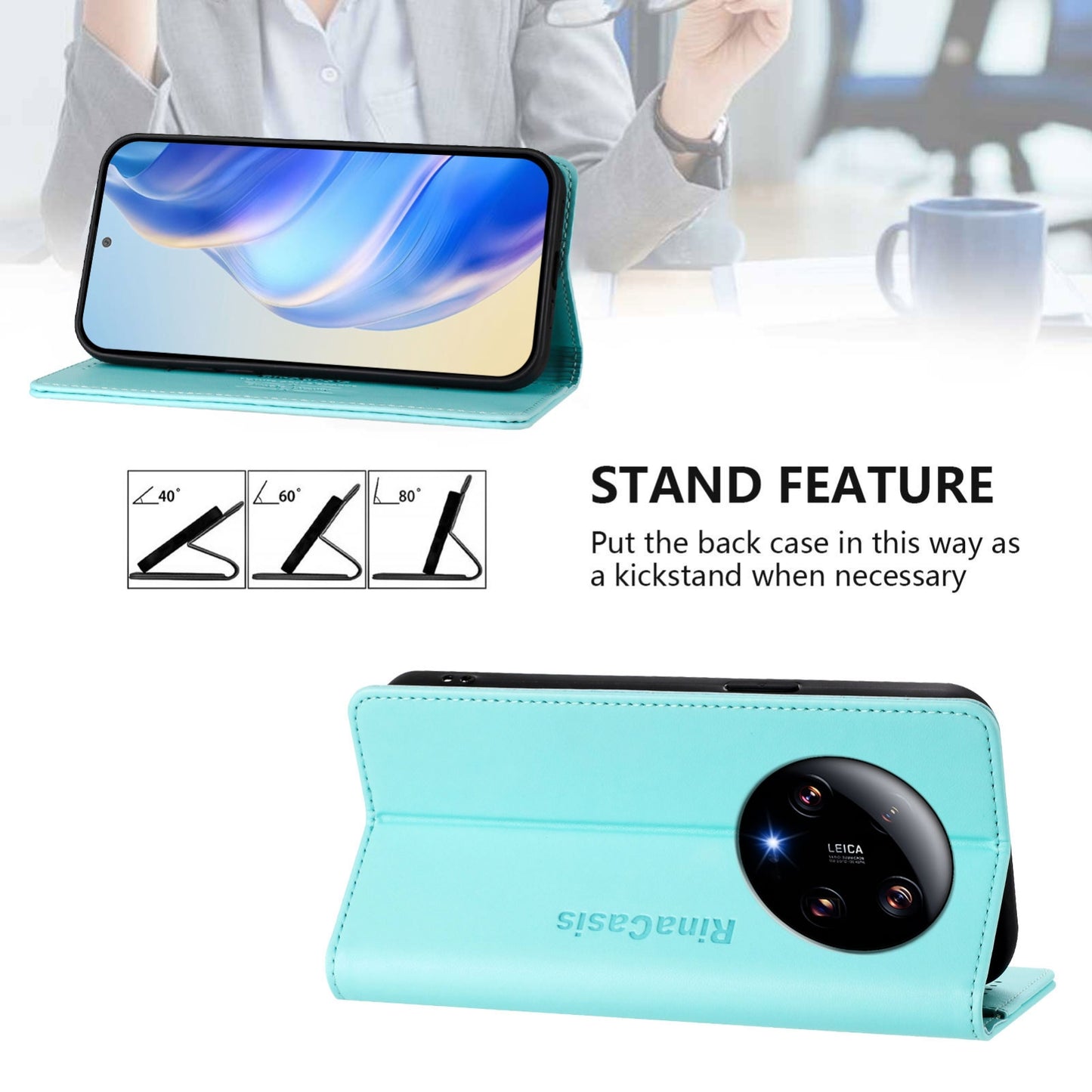 Xiaomi 13 Ultra Dual-Folded Magnetic Suction RFID Blocking PU Leather Wallet Phone Case with Card Slots, Cash Pocket, Kickstand, Full Protective Flip Cover