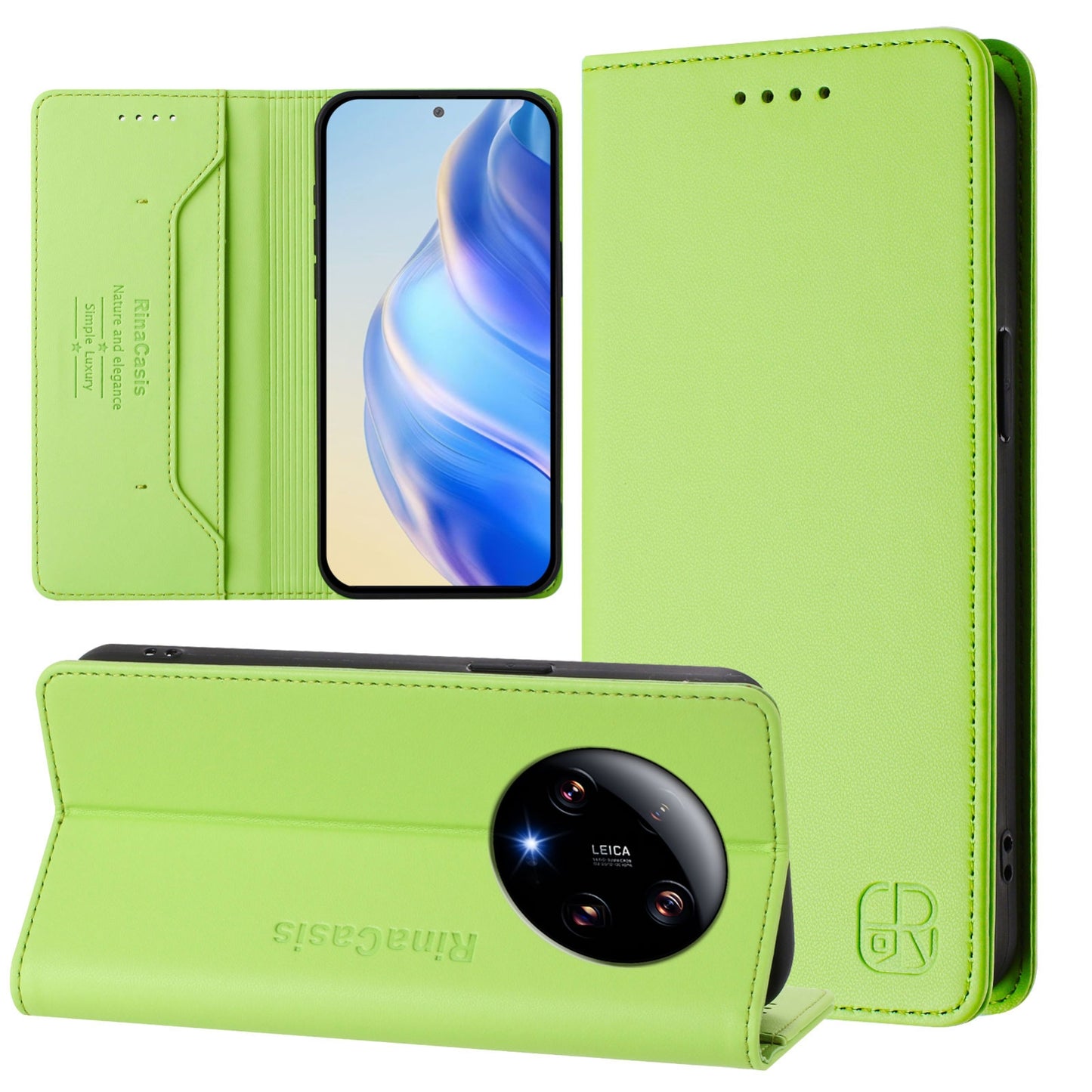 Xiaomi 13 Ultra Dual-Folded Magnetic Suction RFID Blocking PU Leather Wallet Phone Case with Card Slots, Cash Pocket, Kickstand, Full Protective Flip Cover