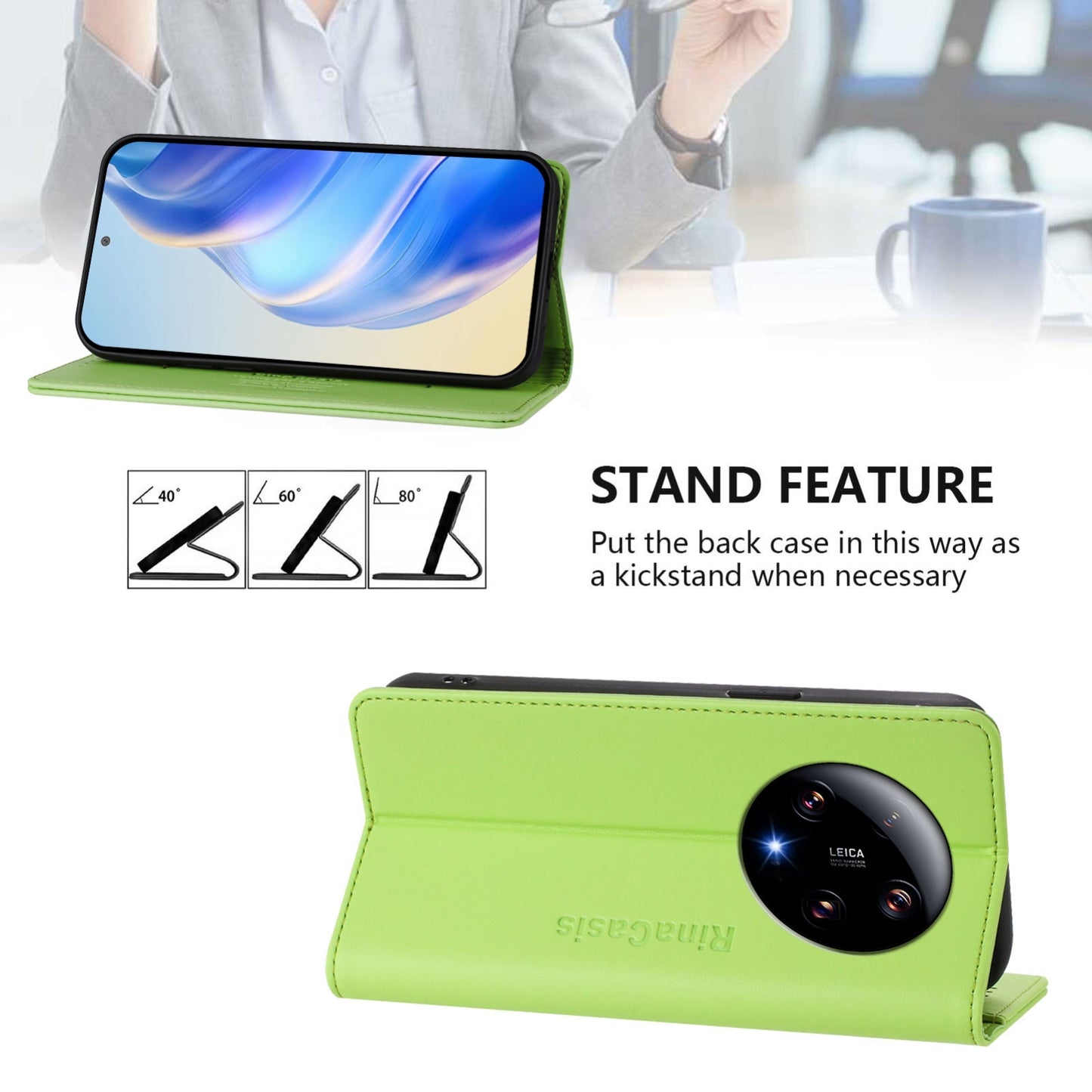 Xiaomi 13 Ultra Dual-Folded Magnetic Suction RFID Blocking PU Leather Wallet Phone Case with Card Slots, Cash Pocket, Kickstand, Full Protective Flip Cover