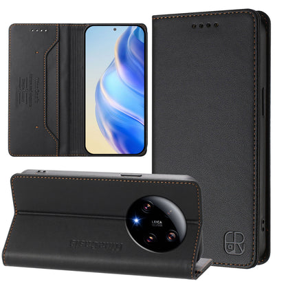 Xiaomi 13 Ultra Dual-Folded Magnetic Suction RFID Blocking PU Leather Wallet Phone Case with Card Slots, Cash Pocket, Kickstand, Full Protective Flip Cover
