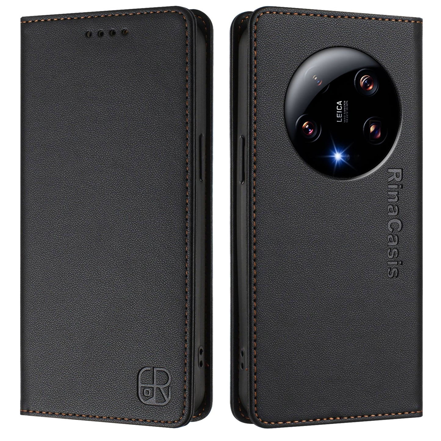 Xiaomi 13 Ultra Dual-Folded Magnetic Suction RFID Blocking PU Leather Wallet Phone Case with Card Slots, Cash Pocket, Kickstand, Full Protective Flip Cover