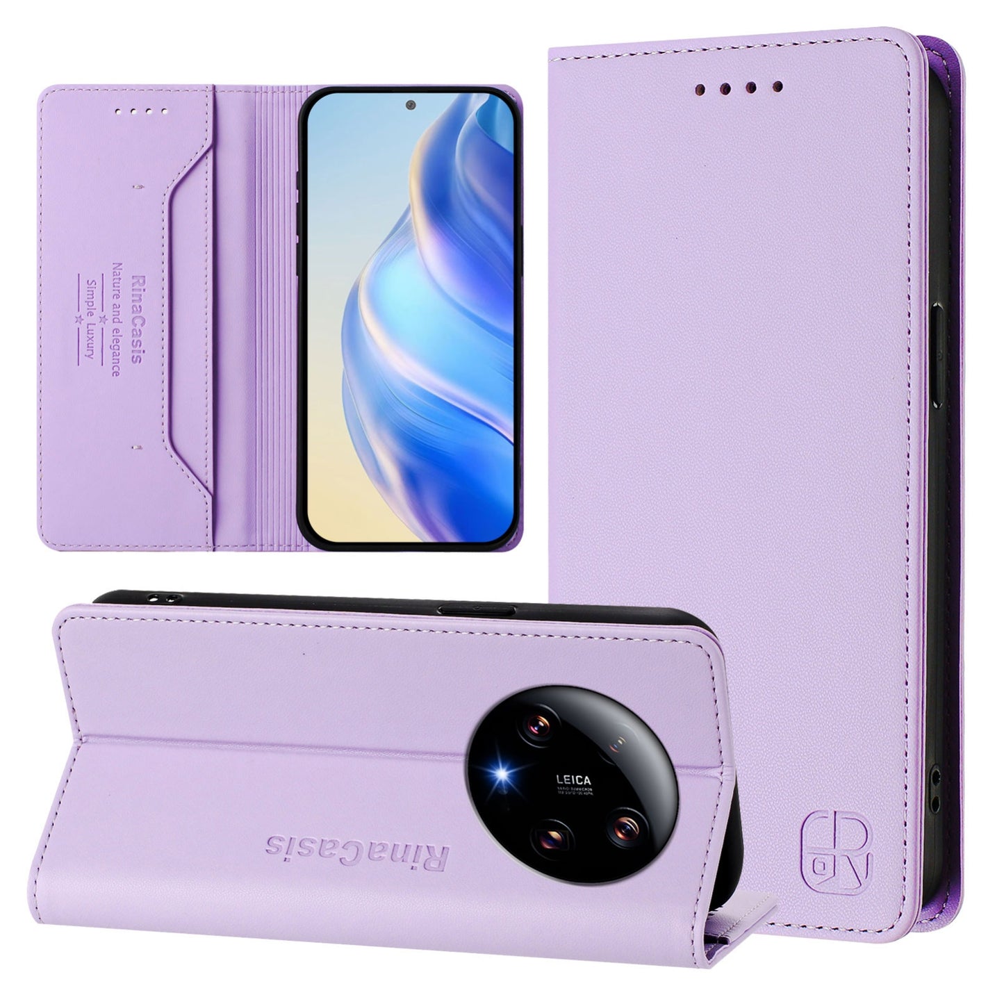 Xiaomi 13 Ultra Dual-Folded Magnetic Suction RFID Blocking PU Leather Wallet Phone Case with Card Slots, Cash Pocket, Kickstand, Full Protective Flip Cover