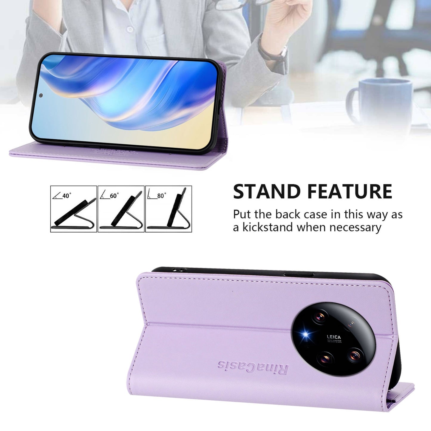 Xiaomi 13 Ultra Dual-Folded Magnetic Suction RFID Blocking PU Leather Wallet Phone Case with Card Slots, Cash Pocket, Kickstand, Full Protective Flip Cover