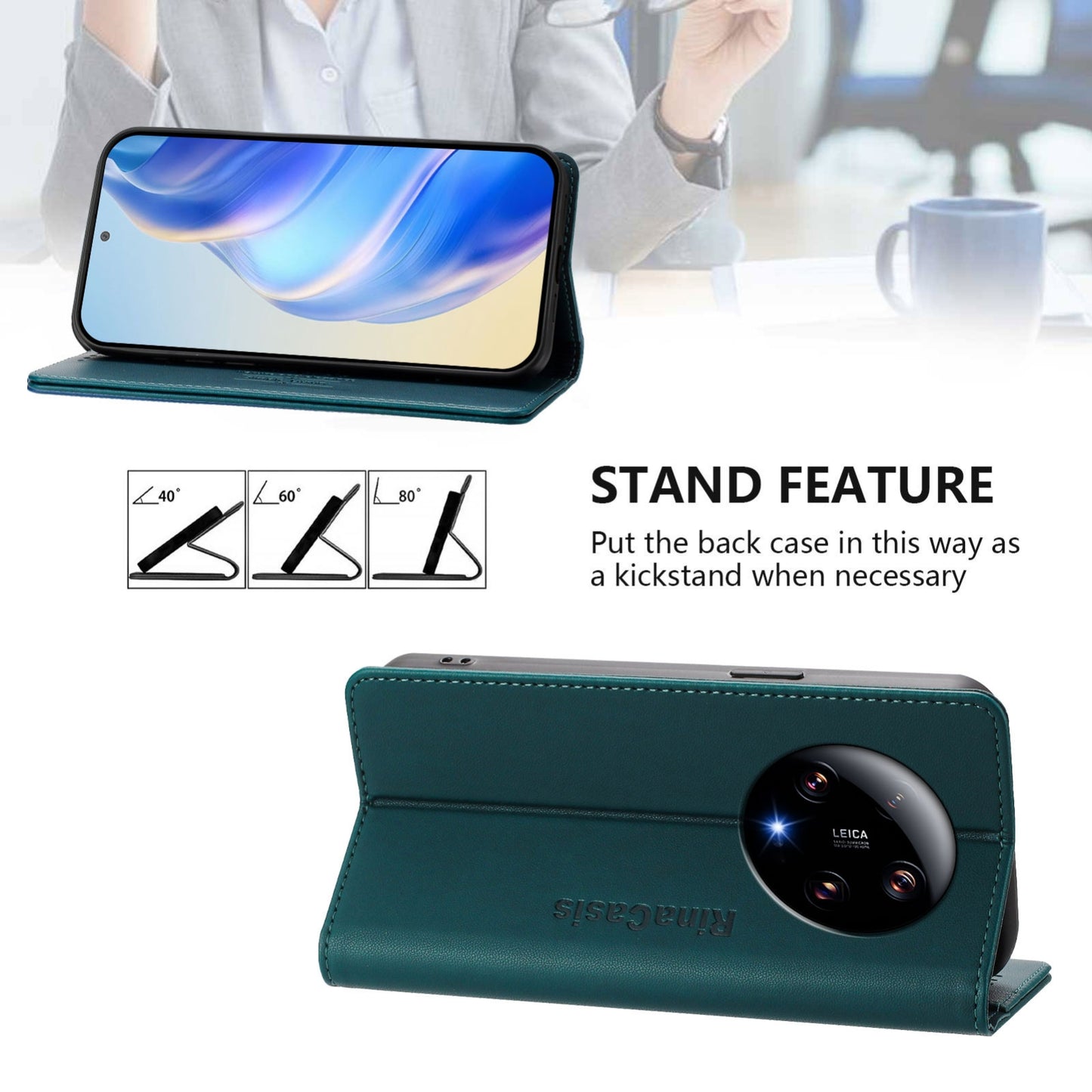Xiaomi 13 Ultra Dual-Folded Magnetic Suction RFID Blocking PU Leather Wallet Phone Case with Card Slots, Cash Pocket, Kickstand, Full Protective Flip Cover