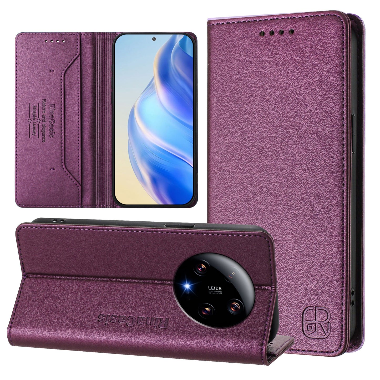 Xiaomi 13 Ultra Dual-Folded Magnetic Suction RFID Blocking PU Leather Wallet Phone Case with Card Slots, Cash Pocket, Kickstand, Full Protective Flip Cover