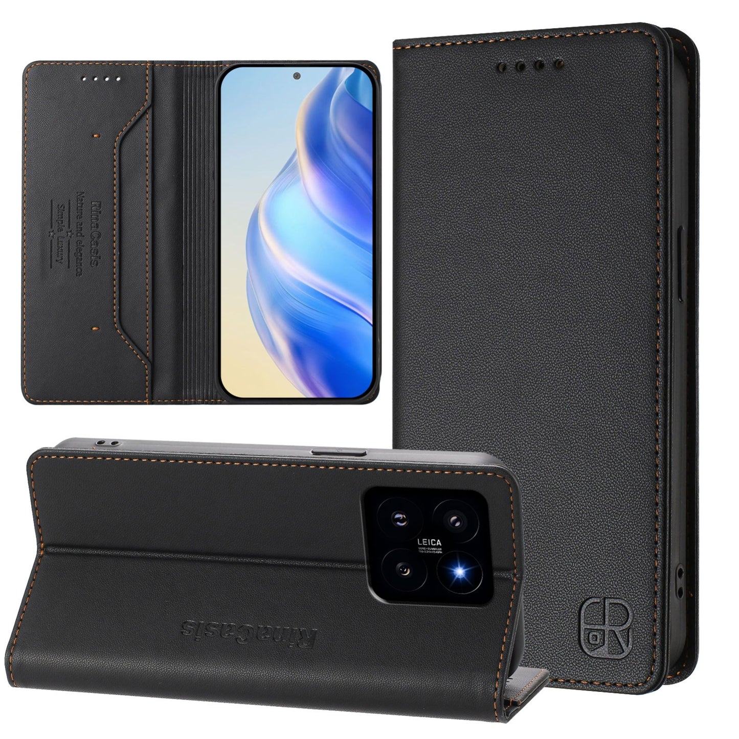 Xiaomi 14 5G Dual-Folded Magnetic Suction RFID Blocking PU Leather Wallet Phone Case with Card Slots, Cash Pocket, Kickstand, Full Protective Flip Cover