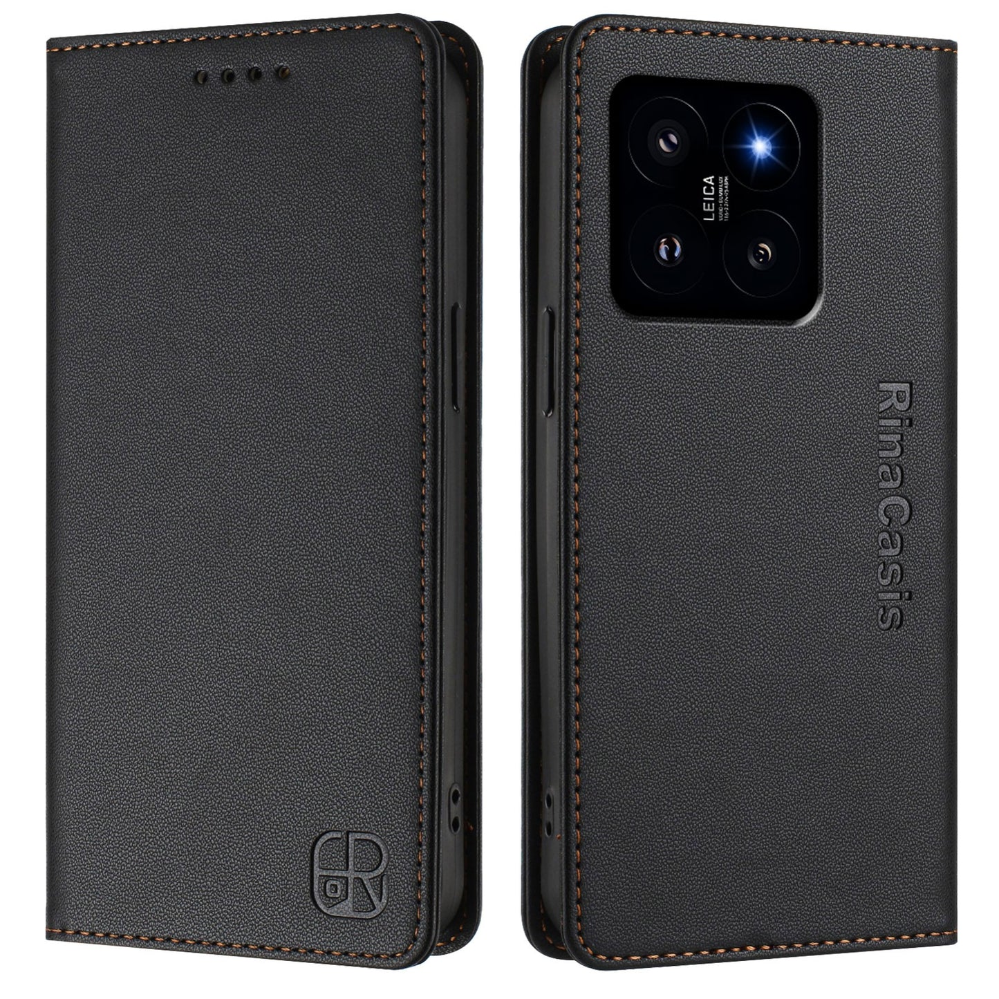 Xiaomi 14 5G Dual-Folded Magnetic Suction RFID Blocking PU Leather Wallet Phone Case with Card Slots, Cash Pocket, Kickstand, Full Protective Flip Cover