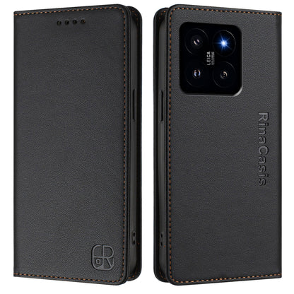 Xiaomi 14 5G Dual-Folded Magnetic Suction RFID Blocking PU Leather Wallet Phone Case with Card Slots, Cash Pocket, Kickstand, Full Protective Flip Cover