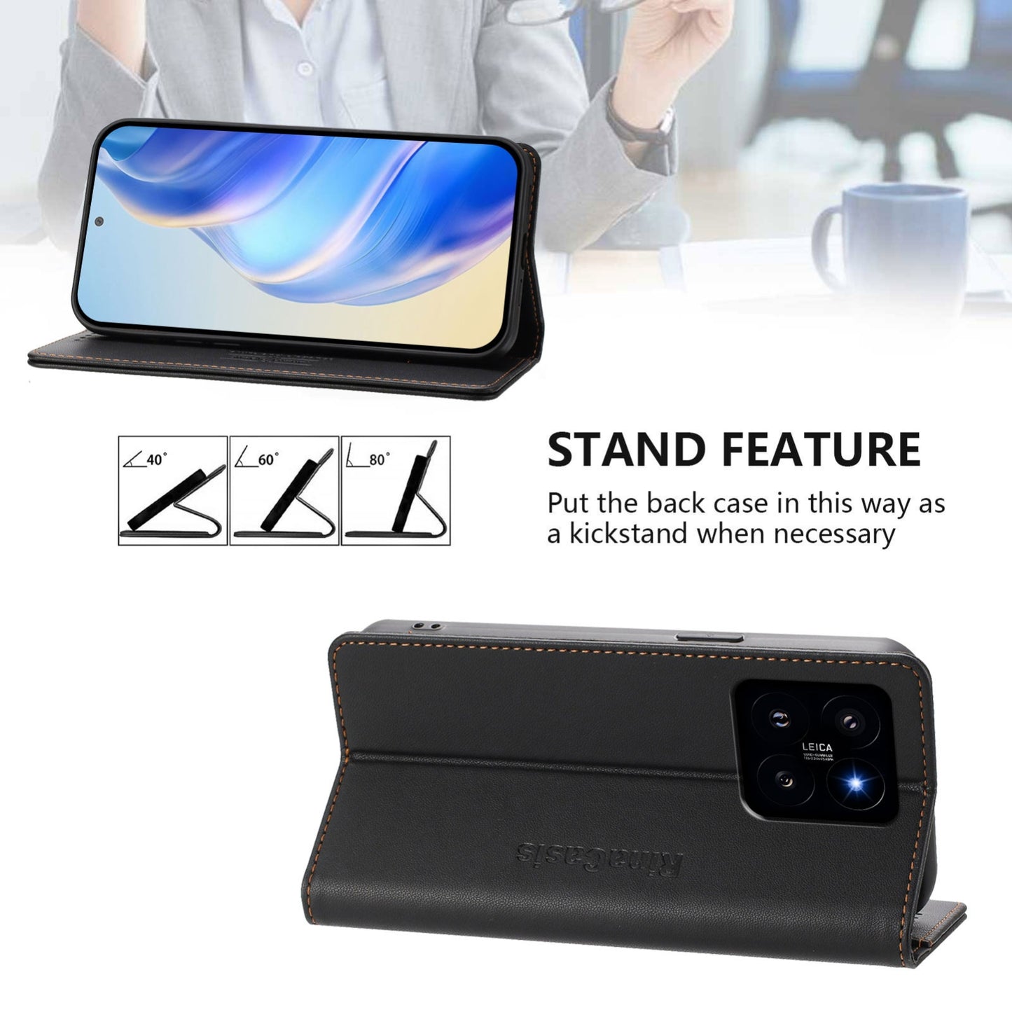 Xiaomi 14 5G Dual-Folded Magnetic Suction RFID Blocking PU Leather Wallet Phone Case with Card Slots, Cash Pocket, Kickstand, Full Protective Flip Cover