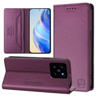 Xiaomi 14 5G Dual-Folded Magnetic Suction RFID Blocking PU Leather Wallet Phone Case with Card Slots, Cash Pocket, Kickstand, Full Protective Flip Cover
